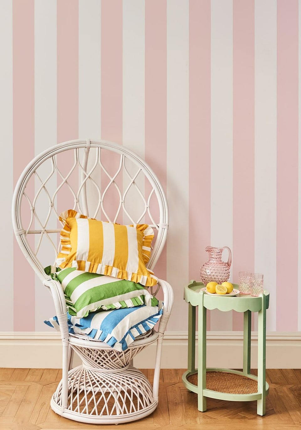 Poppy Spring Green Cabana Stripe Ruffled Pillow - Casa by Josephine Jenno