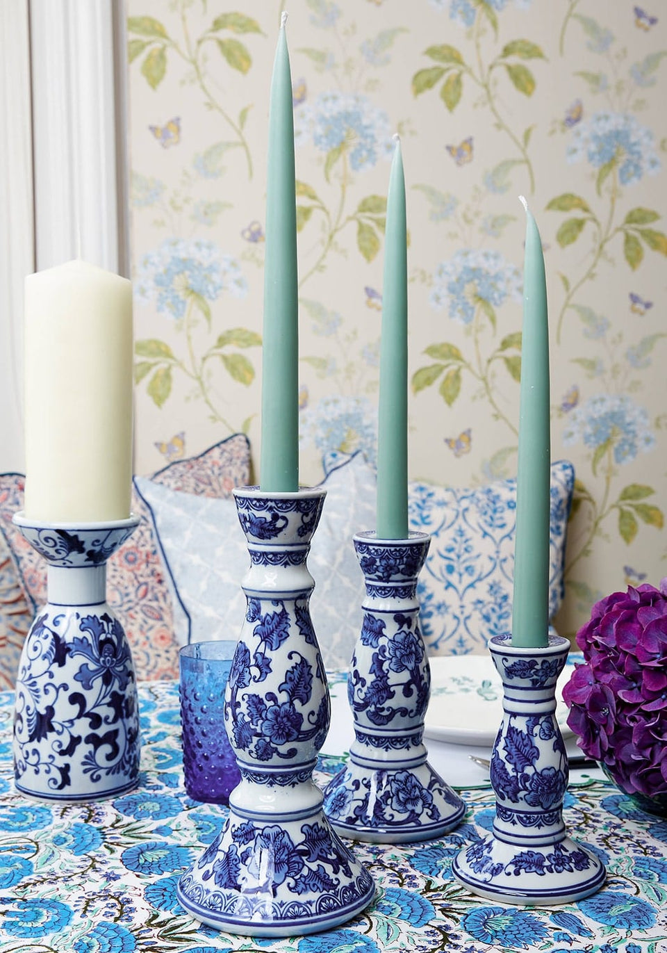 Anna Blue Taper Trio Large Delft Candleholders - Set of 2 - Casa by Josephine Jenno