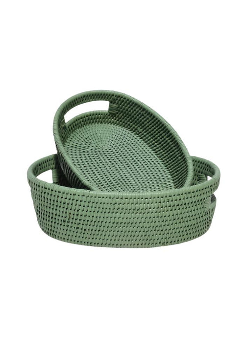 Cotswolds Oval Rattan Basket Green - Set of 2