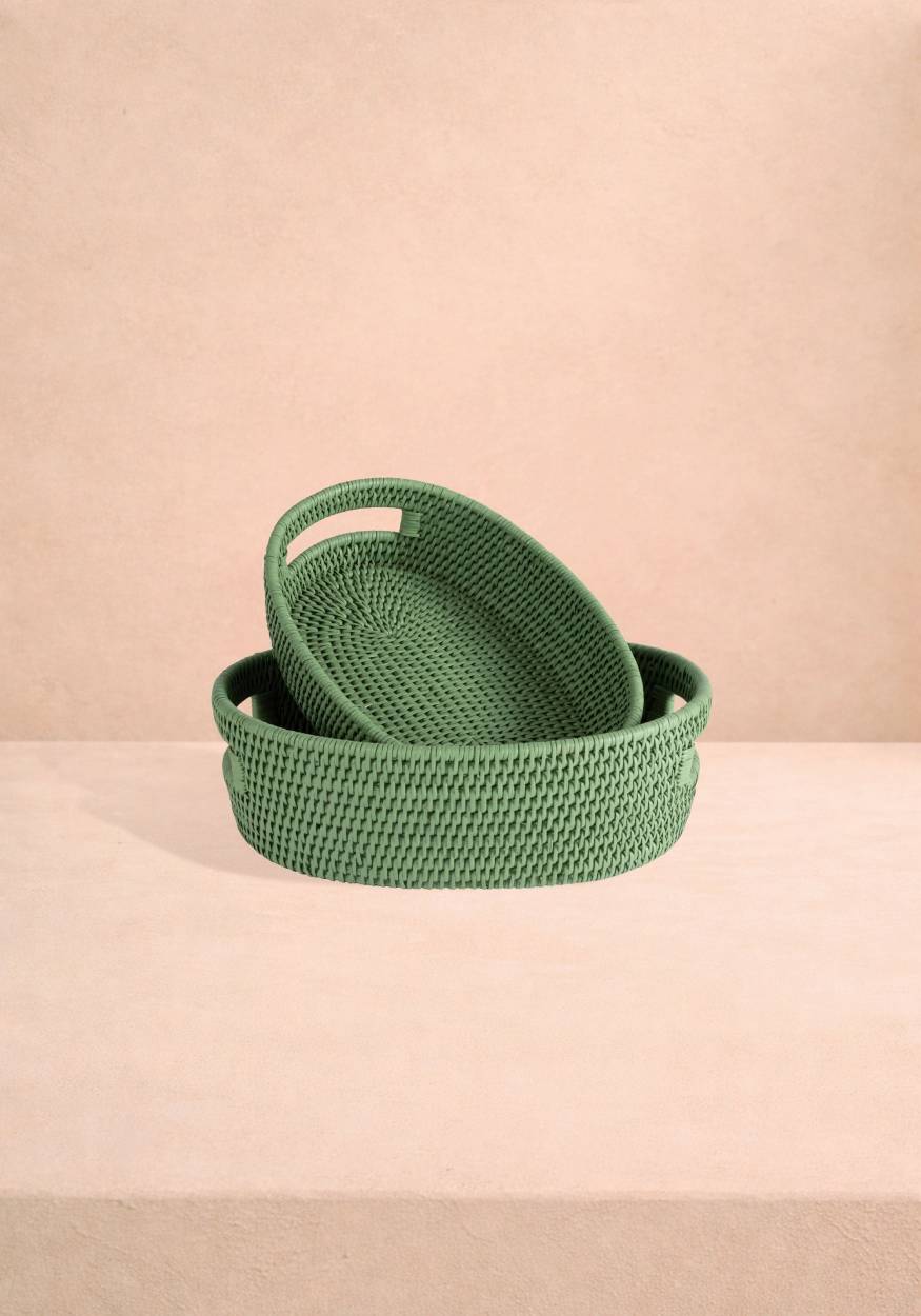 Cotswolds Oval Rattan Basket Green - Set of 2