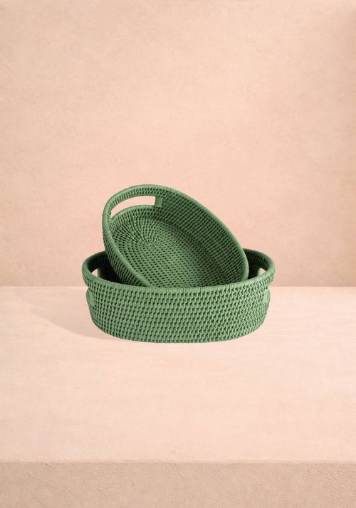 Cotswolds Oval Rattan Basket Green - Set of 2