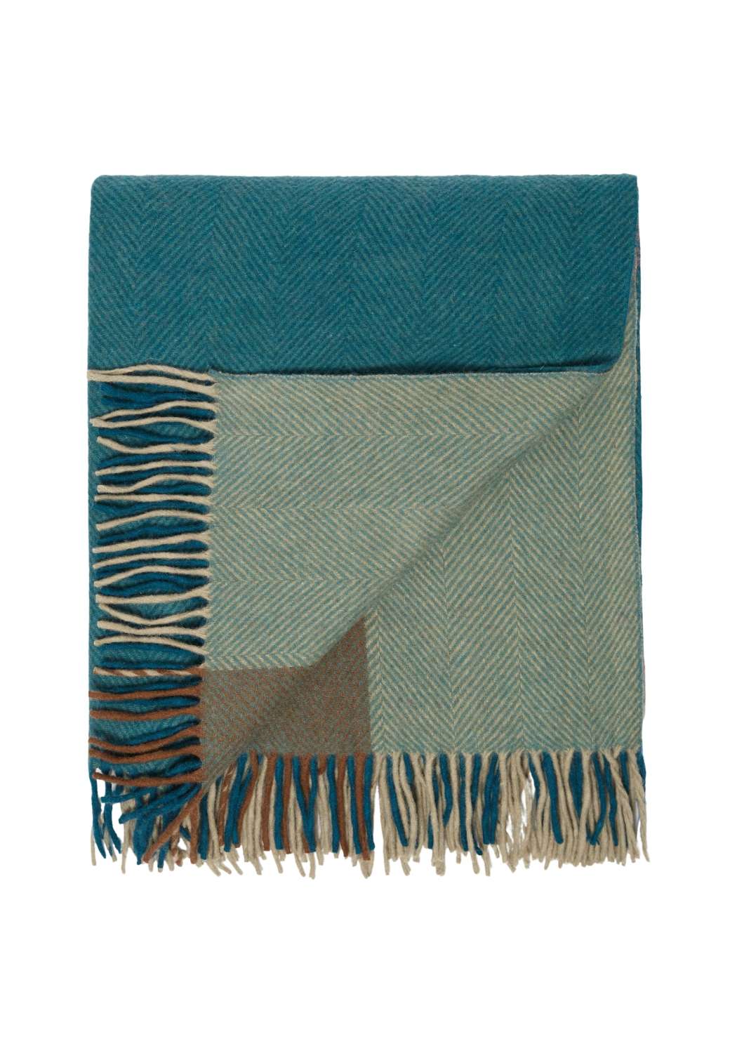 Extra Large Recycled Wool Blanket in Teal Herringbone Offset Check