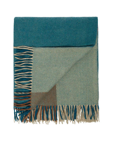 Extra Large Recycled Wool Blanket in Teal Herringbone Offset Check