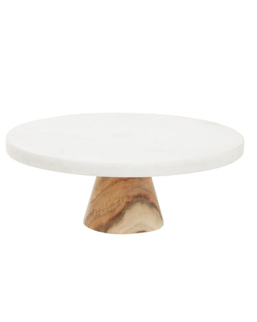 Cake / Cheese Stand with Wooden Pillar White Marble