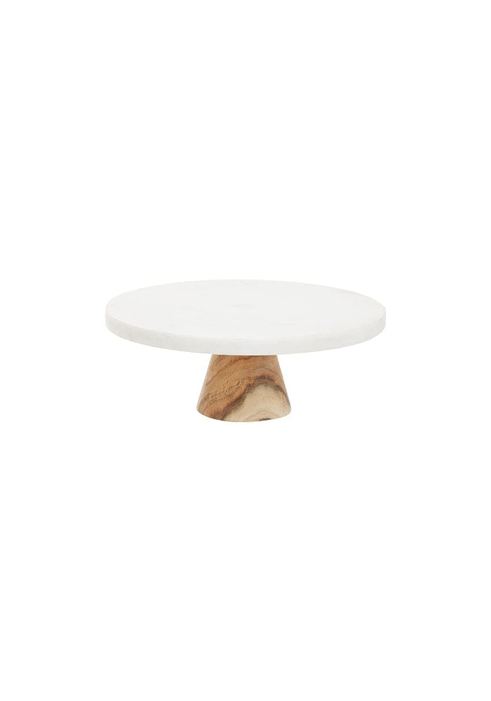 Cake Stand with Wooden Pillar White Marble