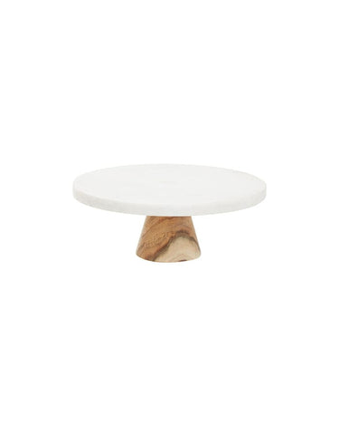 Cake Stand with Wooden Pillar White Marble