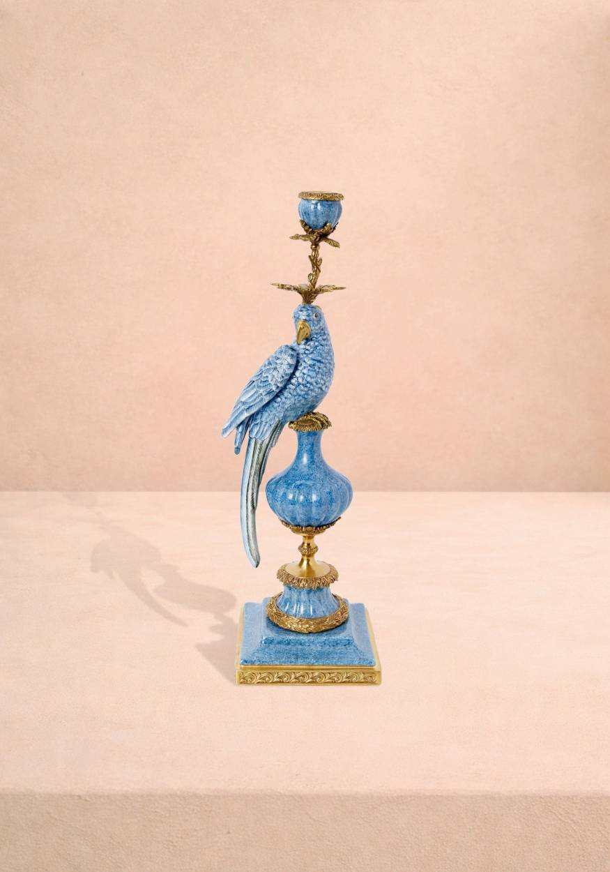 Enamelled Pretty Polly Parrot Candlestick Left