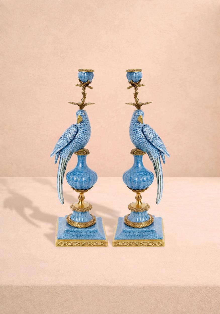 Enamelled Pretty Polly Parrot Candlestick- A Pair