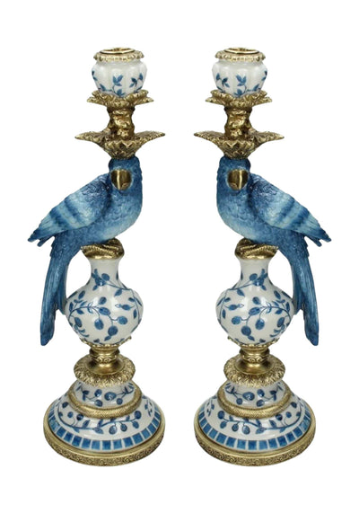 Blue Parrot Decorative Tall Candle Holder Pair 40cm
