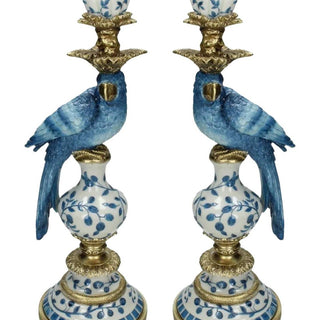 Blue Parrot Decorative Tall Candle Holder Pair 40cm