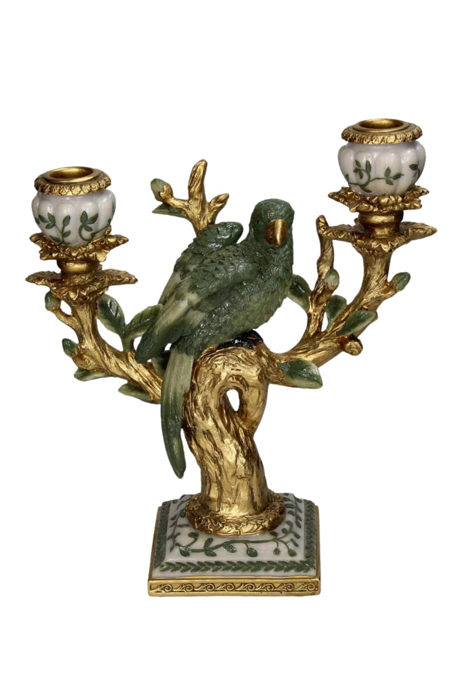 Golden Canopy Green Parrot Candleholder
