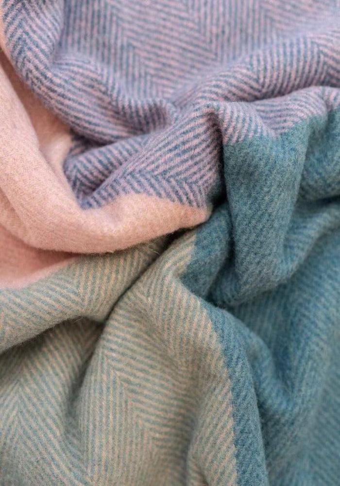 Extra Large Recycled Wool Blanket in Teal Herringbone Offset Check - Casa by Josephine Jenno