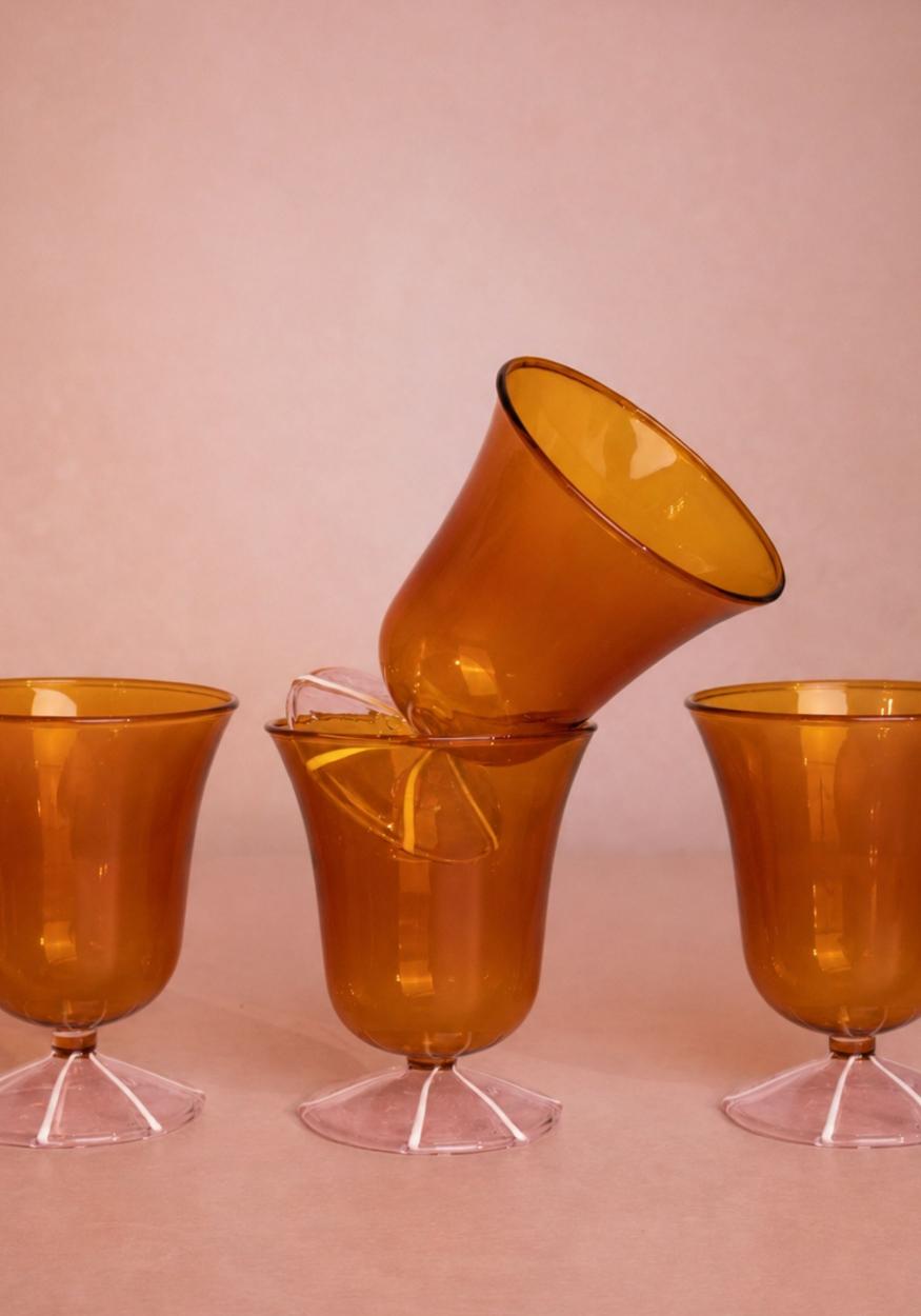 Whimsical Amber Glasses with Pink Base - Set of 2