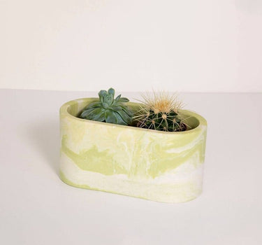 Green & White Marbled Oval Cactus Plant Pot