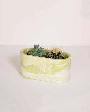 Green & White Marbled Oval Cactus Plant Pot
