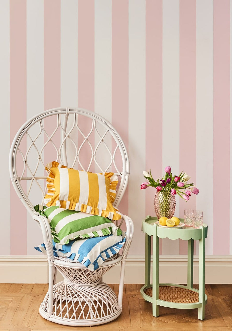 Poppy Blue and White Cabana Striped Ruffled Pillow Cover - Casa by Josephine Jenno