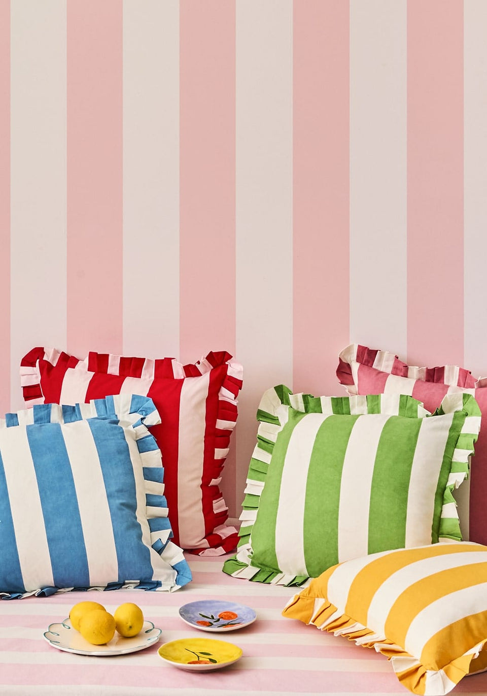 Poppy Pink Candy Cabana Stripe Ruffled Pillow Cover - Casa by Josephine Jenno