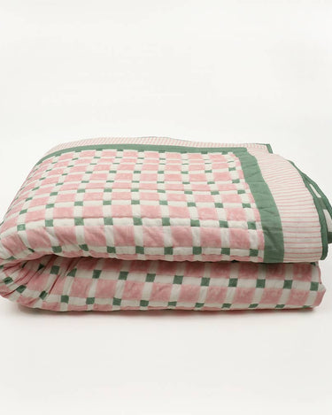 PINK/GREEN CHECKERBOARD QUILT - HAND BLOCK PRINTED
