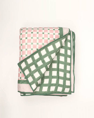 PINK/GREEN CHECKERBOARD QUILT - HAND BLOCK PRINTED