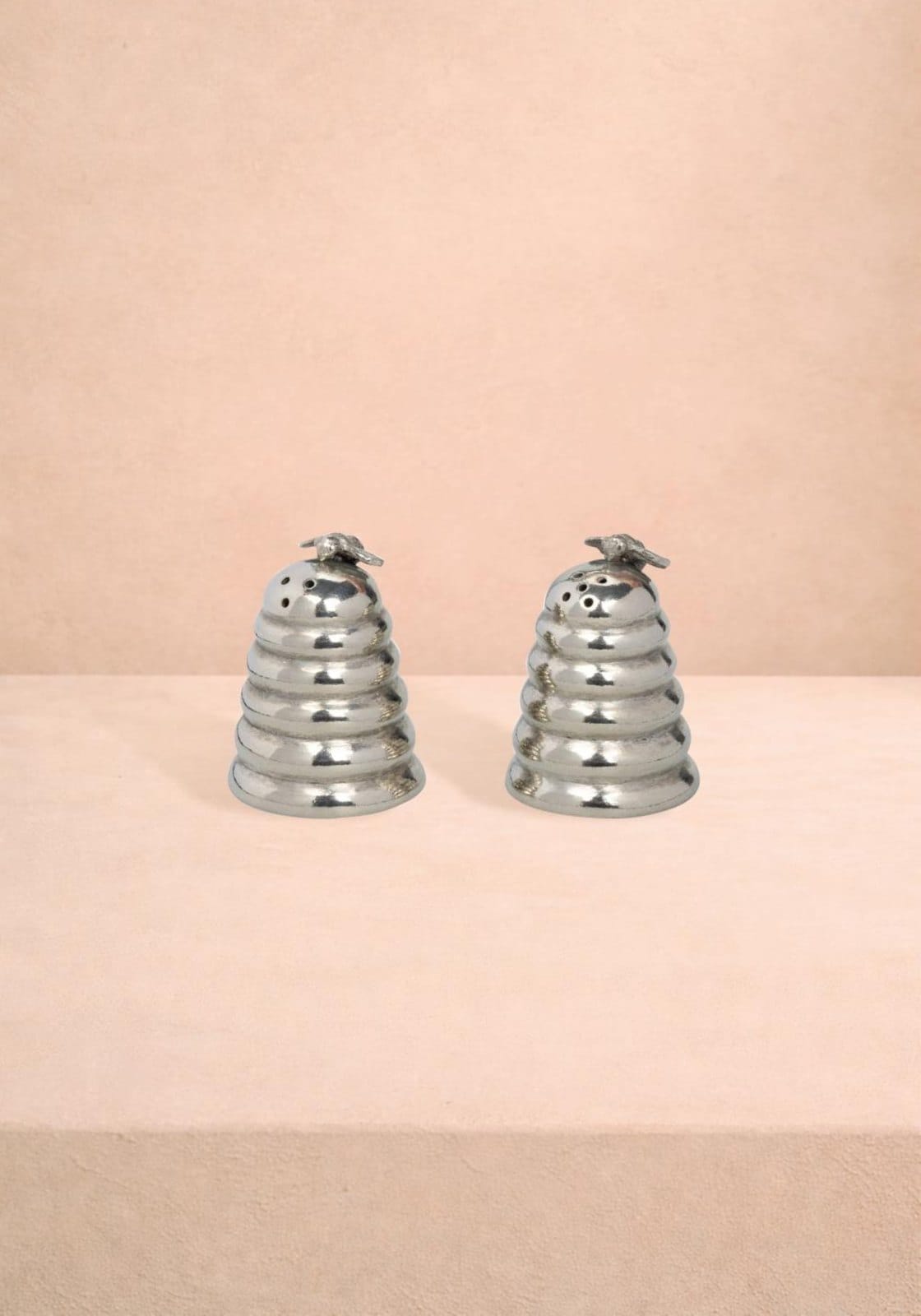 Salt and Pepper Pewter Bee on Top of Bee Hive Salt and Pepper Shaker