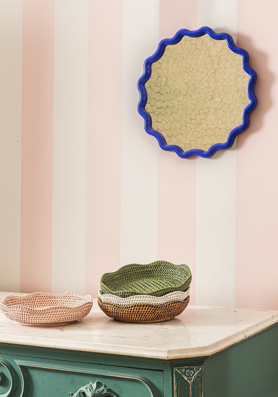 Saratoga Round Rattan Scalloped Tray - Green - Casa by Josephine Jenno