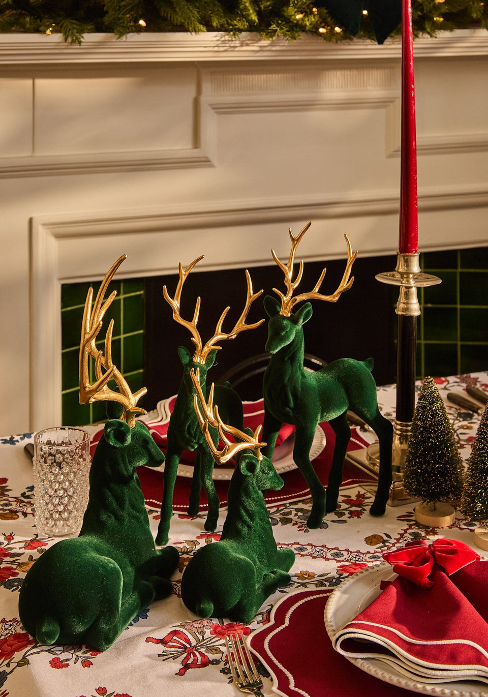 Forest Majesty: Green Flocked Deer - Set of 4