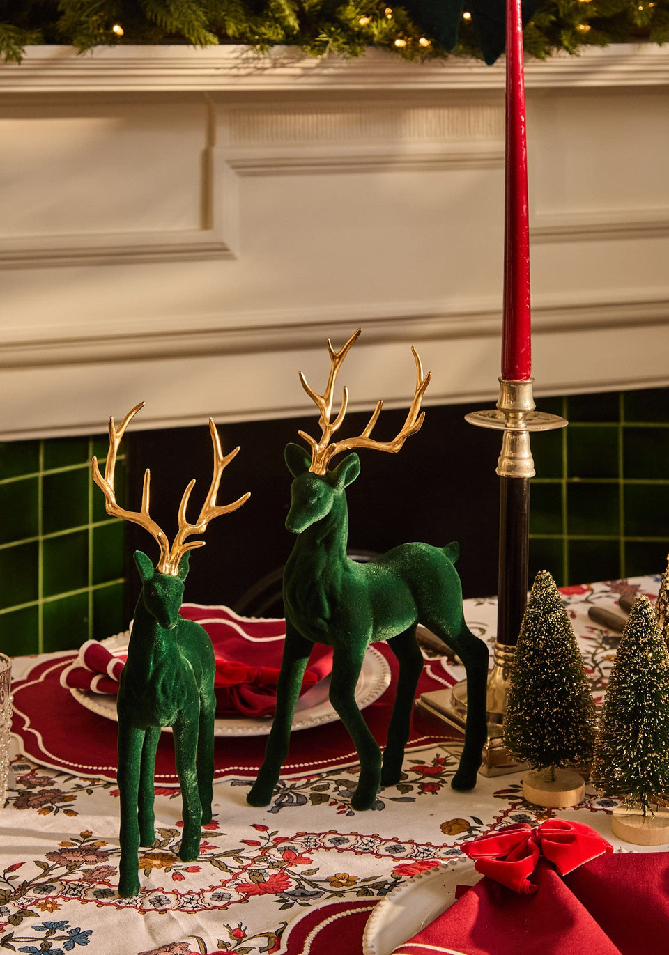 Forest Majesty: Green Flocked Deer - Set of 4