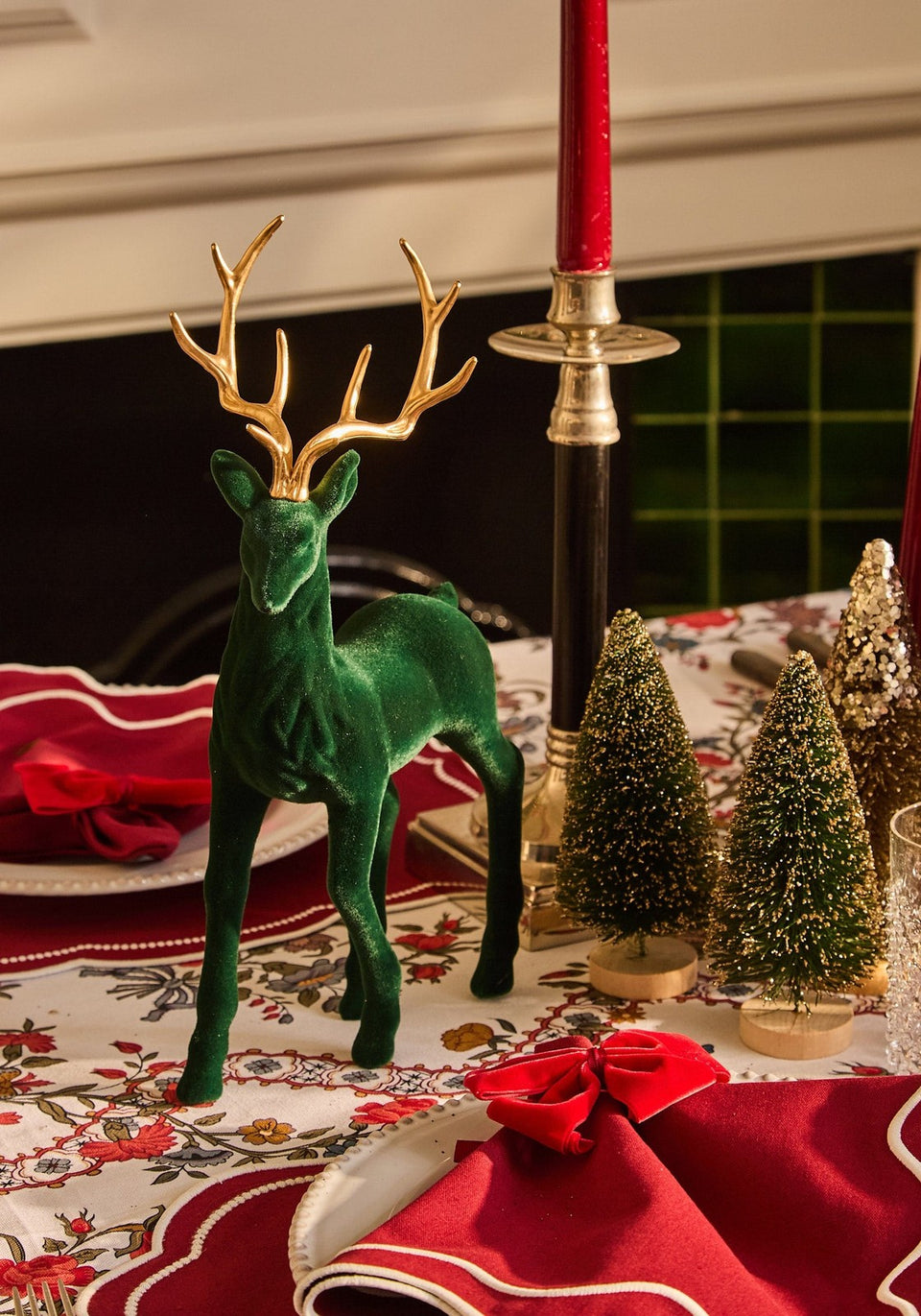 Forest Majesty: Large Green Flocked Deer