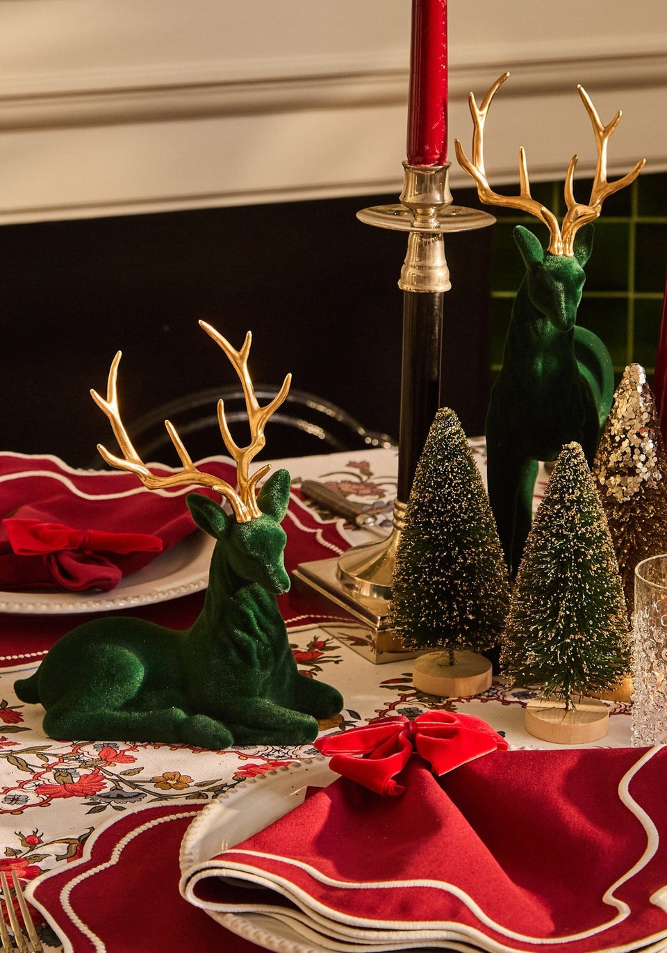 Seasonal Decor Resting Royalty: Green Flocked Sitting Deer- Set of 4