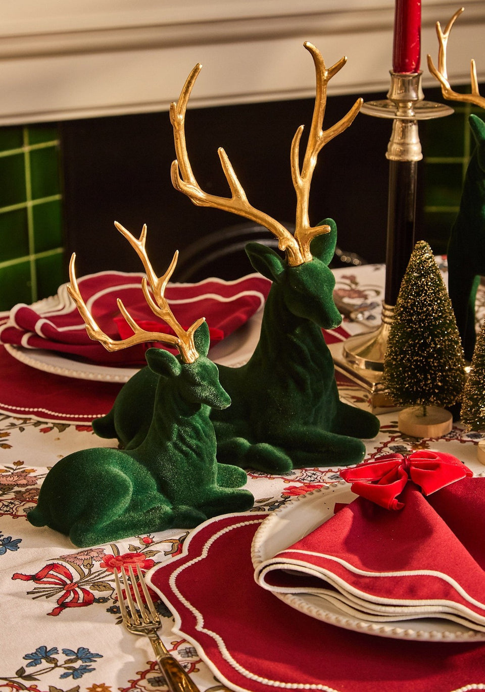 Seasonal Decor Resting Royalty: Green Flocked Sitting Deer- Set of 4