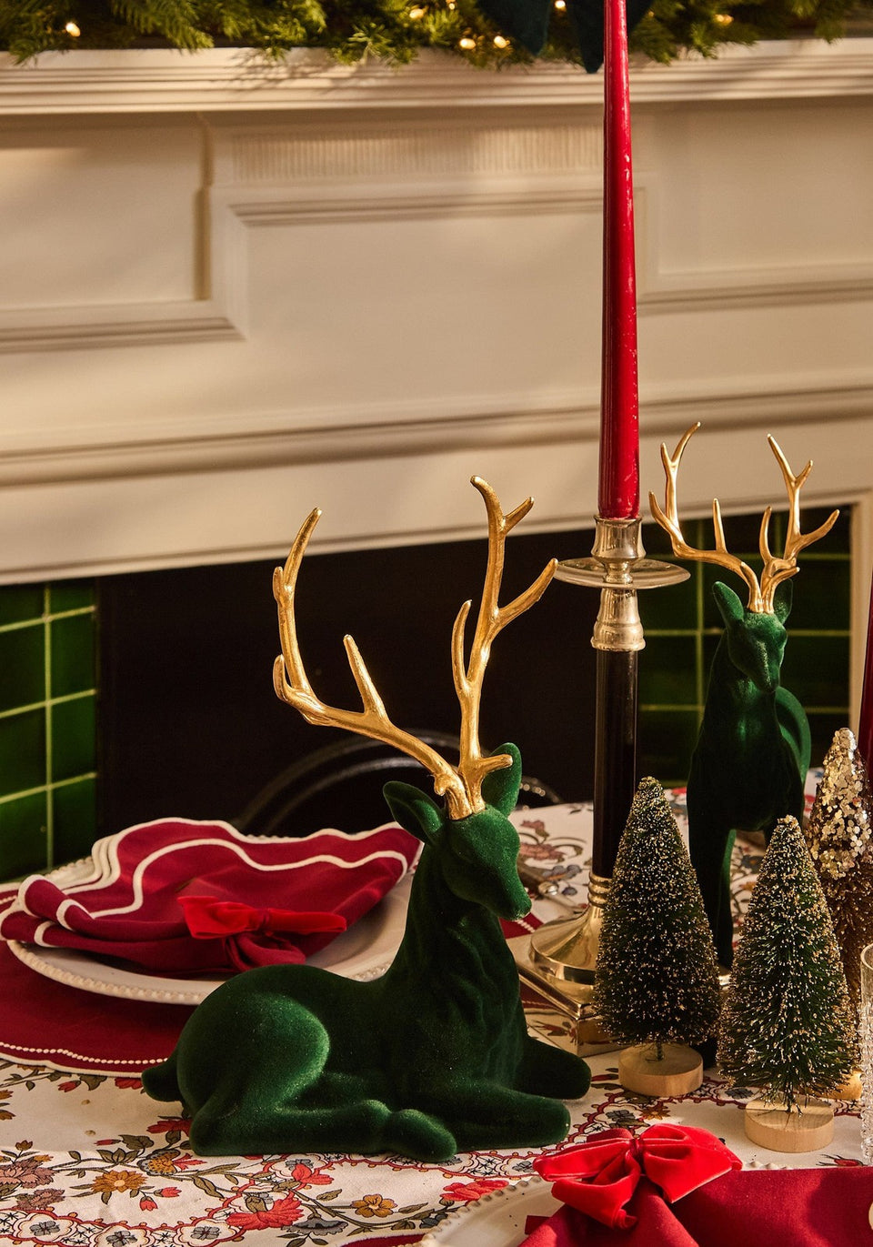 Resting Royalty: Large Green Flocked Sitting Deer