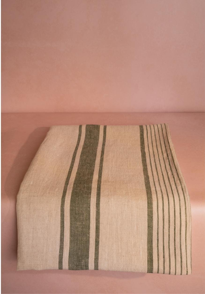 Jemima Linen Tablecloth, Green Stripe