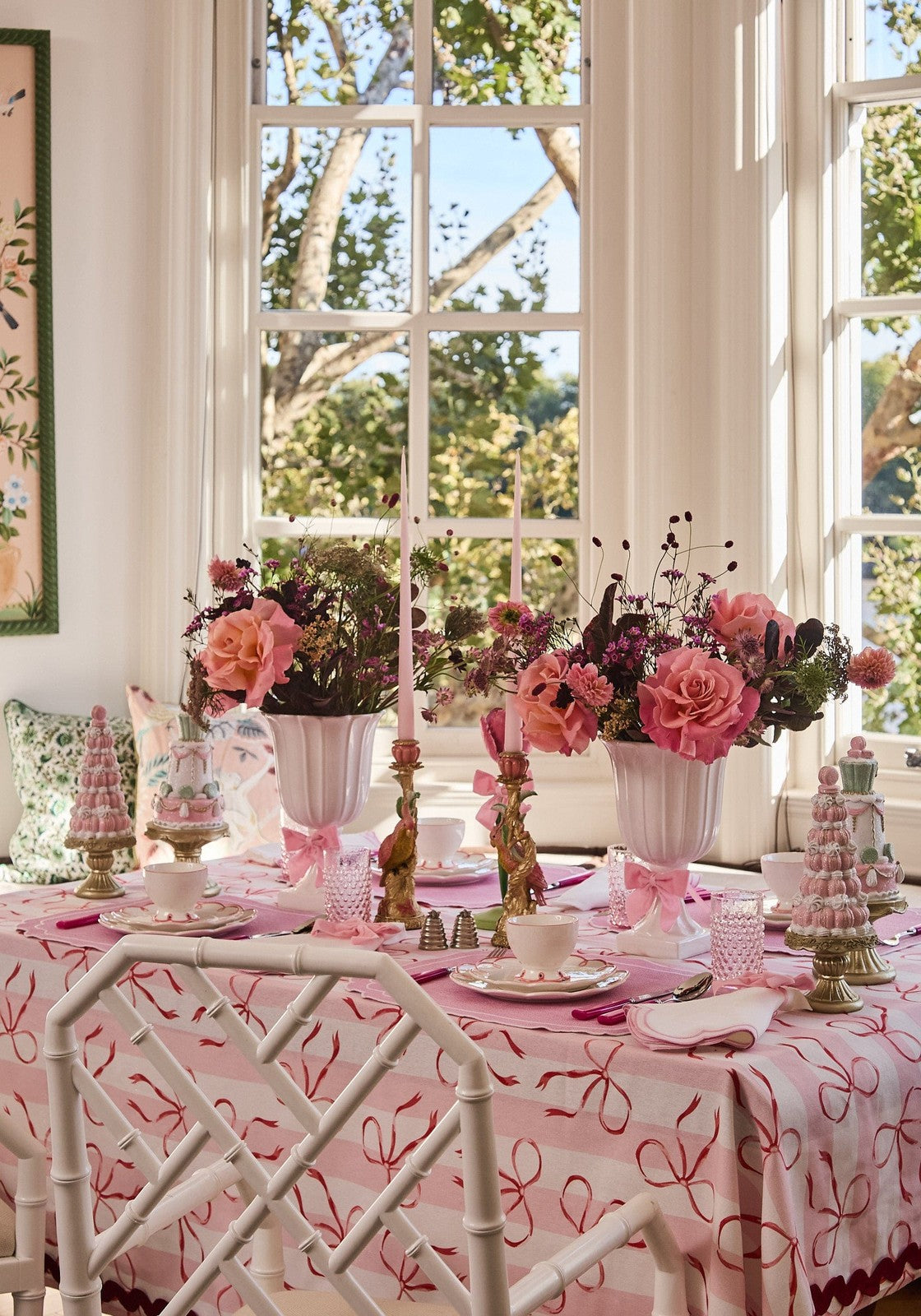Kensington Bow Pink Cotton Tablecloth with Ric Rac