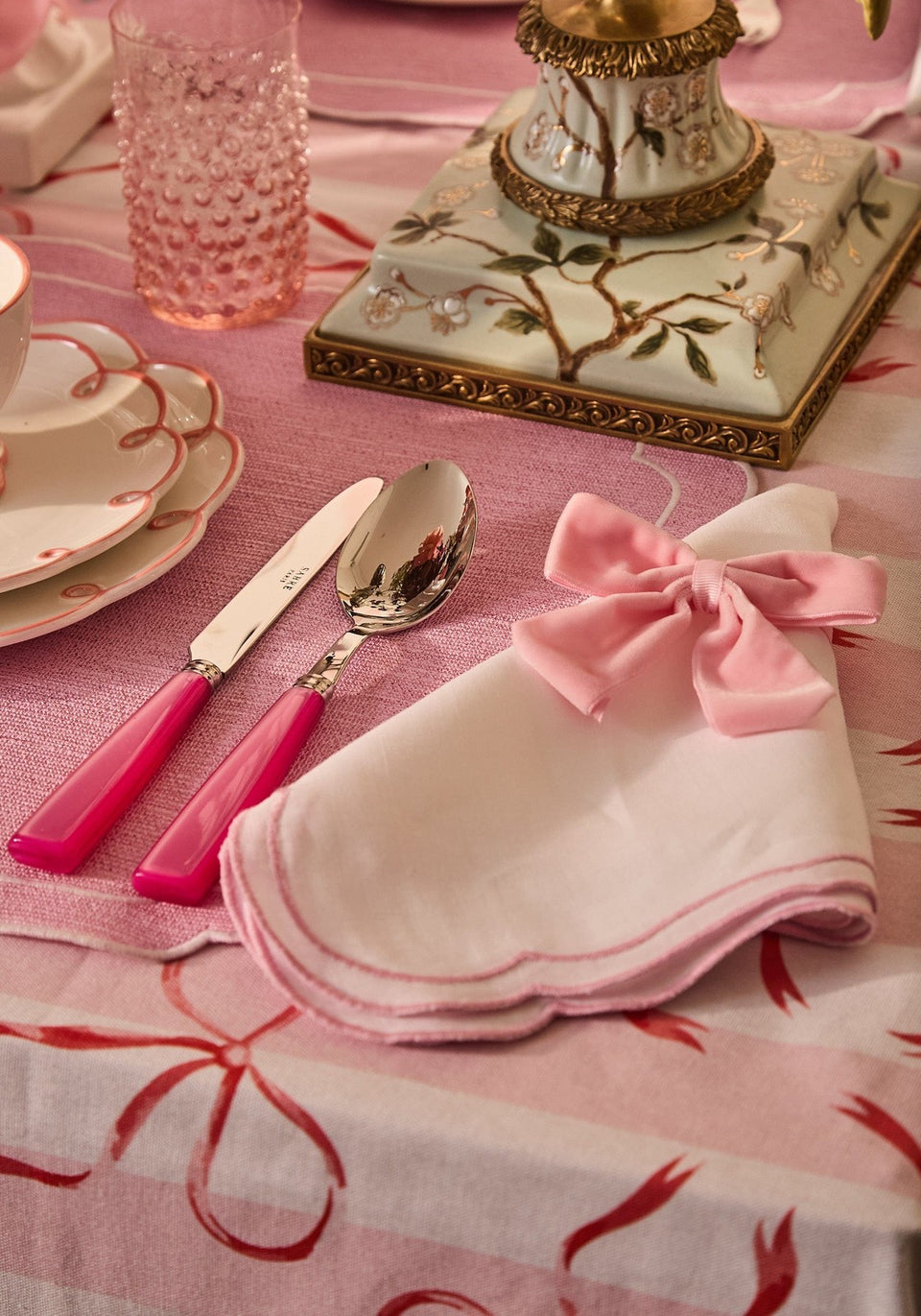 Kensington Bow Pink Cotton Tablecloth with Ric Rac
