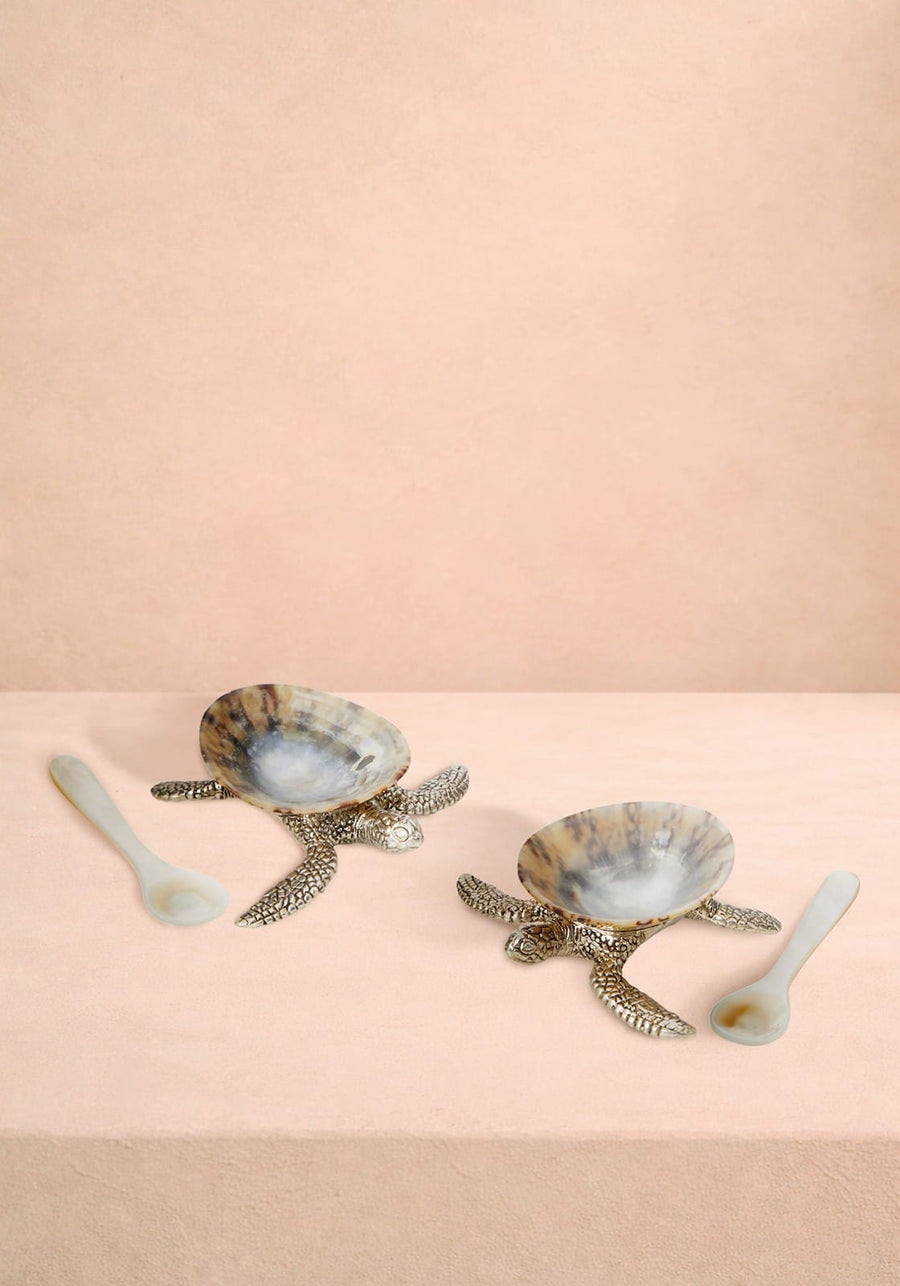 New Born Turtle Salt Cellar and Pepper Pots with Spoons - Pair