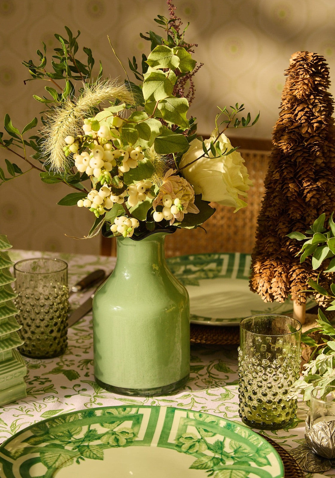 Scalloped Vintage Inspired Green Glass Vase