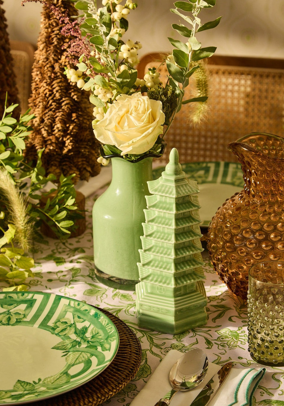 Scalloped Vintage Inspired Green Glass Vase