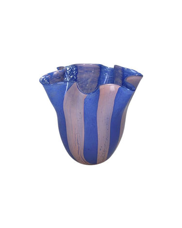 Striped Scalloped Blue and Pink Glass Vase