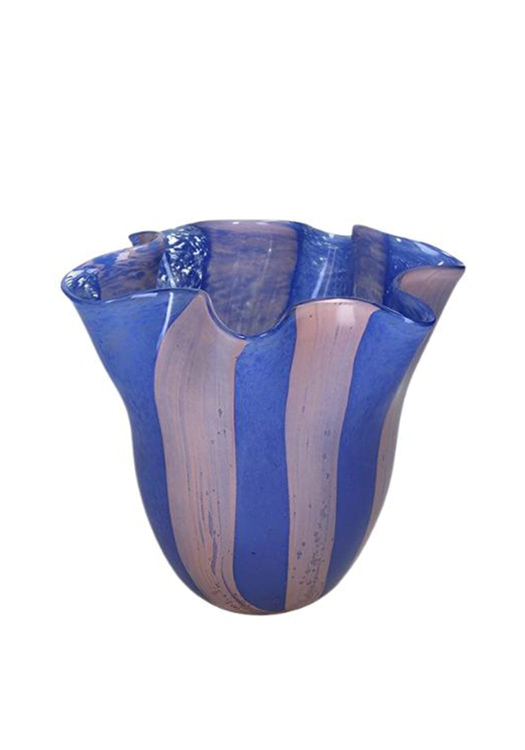 Striped Scalloped Blue and Pink Glass Vase