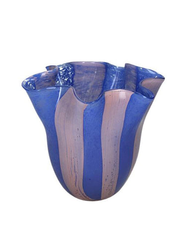 Striped Scalloped Blue and Pink Glass Vase